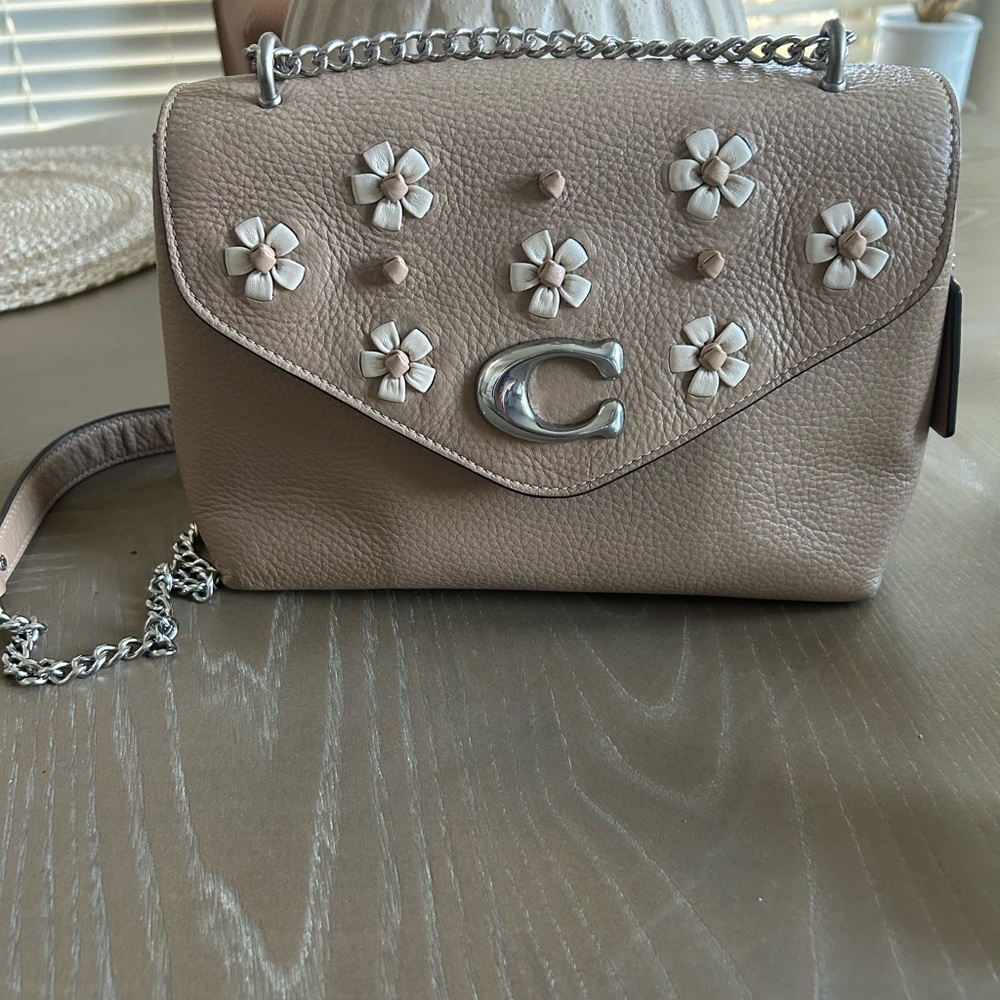 Coach/ Elegant Tan Leather Bag with Floral Accents